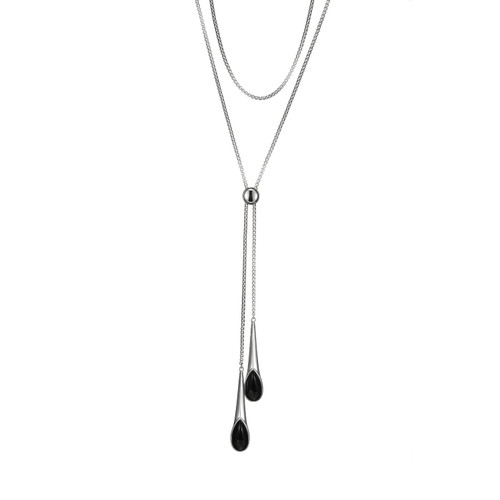 Sterling Silver  Elle "Ethereal Drops" Rhodium Plated Black  Agate Necklace On A 30" Box Chain