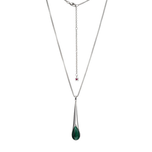 Sterling Silver  Elle "Ethereal Drops" Rhodium Plated Malachite Pendant On Box Chain 17"+3"