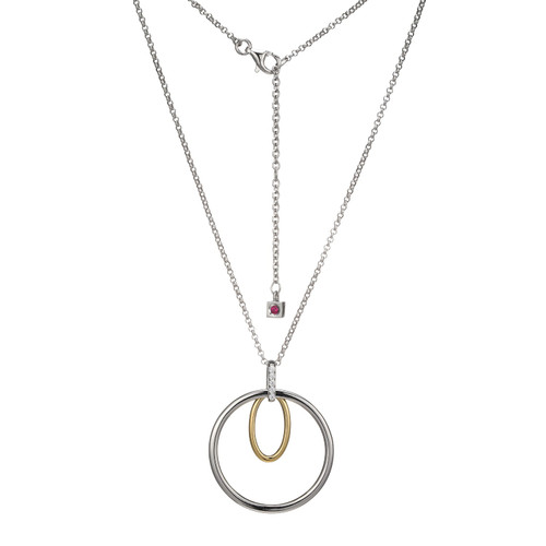 Sterling Silver  Elle "Circadia" Rhodium And Yellow Gold Cubic Zirconia Circle Drop Pendant On A Rolo Chain 28"+2"