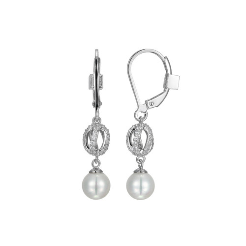 Sterling Silver  Elle " Luna" Rhodium Plated Pearl And Cubic Zirconia Drop Leverback Earring