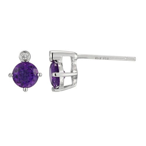 Sterling Silver  Elle "Birthstone" Rhodium Plated Genuine African Amethyst And Lab Grown Diamond 2-1Pt(F/C H-I/I1) Post  Stud Earring