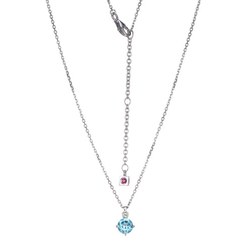 Sterling Silver  Elle "Birthstone" Rhodium Plated Genuine Swisterling Silver  Blue Topaz With Lab Grown Diamond 1-2Pt(F/C H-I/I1) On Faceted Diamond Cut Cable Chain 17" + 2"