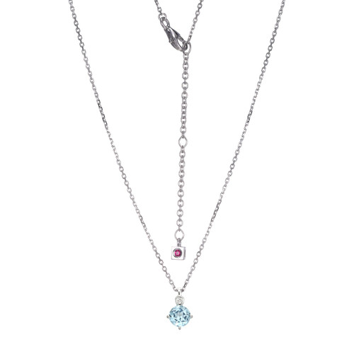 Sterling Silver  Elle "Birthstone" Rhodium Plated Genuine Sky Blue Topaz With Lab Grown Diamond 1-2Pt(F/C H-I/I1) On Faceted Diamond Cut Cable Chain 17" + 2"