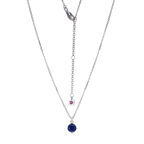 Sterling Silver  Elle "Birthstone" Rhodium Plated Created Sapphire With Lab Grown Diamond 1-2Pt(F/C H-I/I1) On Faceted Diamond Cut Cable Chain 17" + 2"