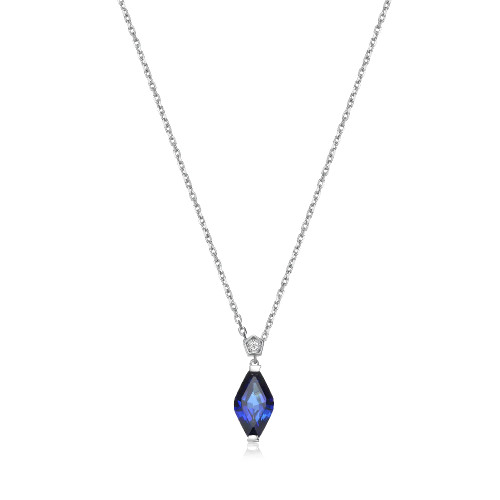 Sterling Silver  Elle " Etoile" Rhodium Plated Created Blue Sapphire And Lab Grown Diamond 1-1.5Pt(F/C H-I/I1) Drop Pendant 17" + 3" Diamond Cut Cable Chain