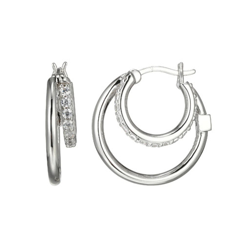 Sterling Silver  Elle " Simpatico" Rhodium Plated Cz Hoop Earring 20Mm & 14Mm