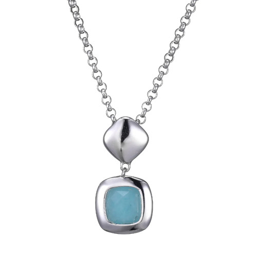 Sterling Silver  Elle " Mirage" Rhodium Plated Genuine 6Mm Cushion Cut Amazonite Drop Necklace 17" + 3" Extension Rolo Chain