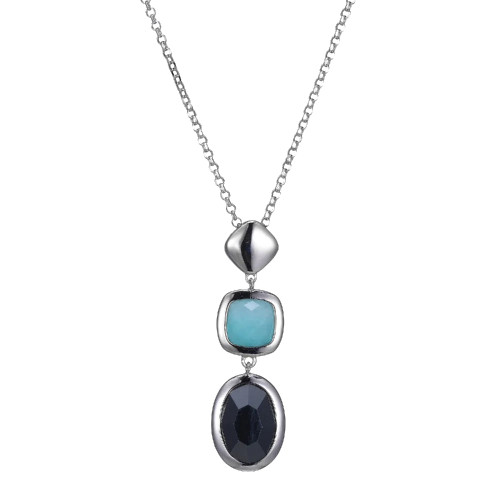 Sterling Silver  Elle "Mirage" Rodium Plated Synthetic Oval 10 X 7 Hematite And Genuine Cushion Cut 6Mm Amazonite Drop Necklace 18" + 2" Extension Rolo Chain