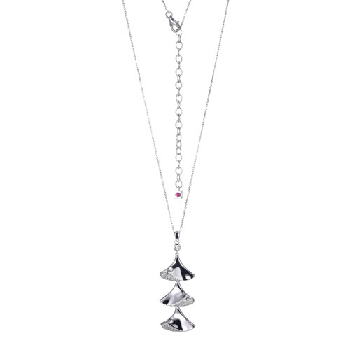 Sterling Silver  Elle "Flamenco" Rhodium Plated Triple Triangular Dangle With Cz Necklace 17" +3" Extension