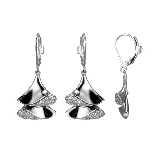 Sterling Silver  Elle "Flamenco" Rhodium Plated Double Triangular Dangle With Cz Leverback Earring