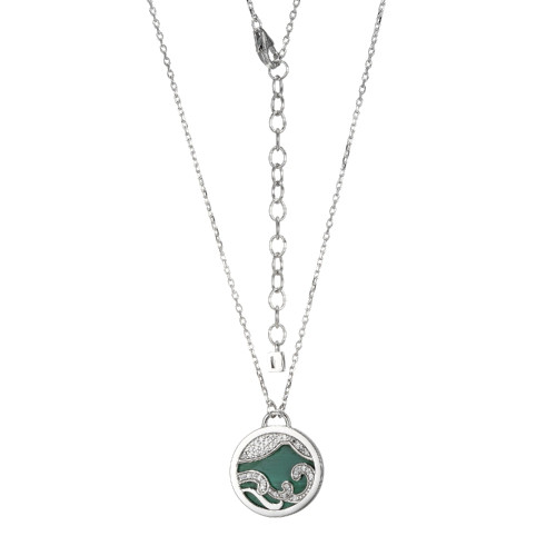 Sterling Silver  Elle "Protect Earth"  Rhodium Plated 16Mm Round Genuine Malachite & Pave Cz Mountain Motif Necklace 18"+ 2" Extension