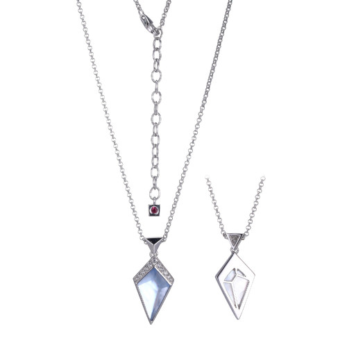 Sterling Silver  Elle"Iceberg" Rhodium Plated Genuine White Mother Of Pearl & Synthetic Blue Topaz Doublet 16.8X10.5Mm With Cz Necklace 18"+ 2" Extension