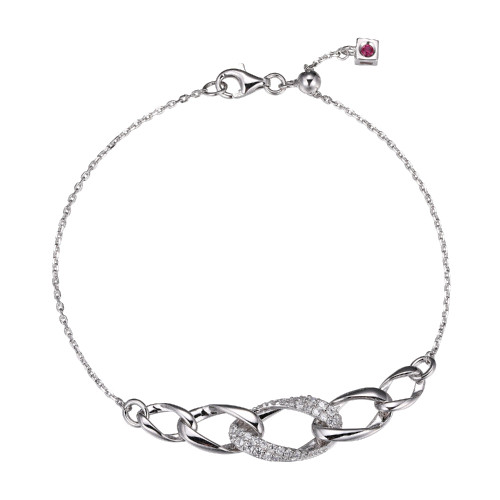 Sterling Silver  Elle "Ovation" Rhodium Plated Multi-Oval Link With Pave Cz  Adjustable Bracelet 8"