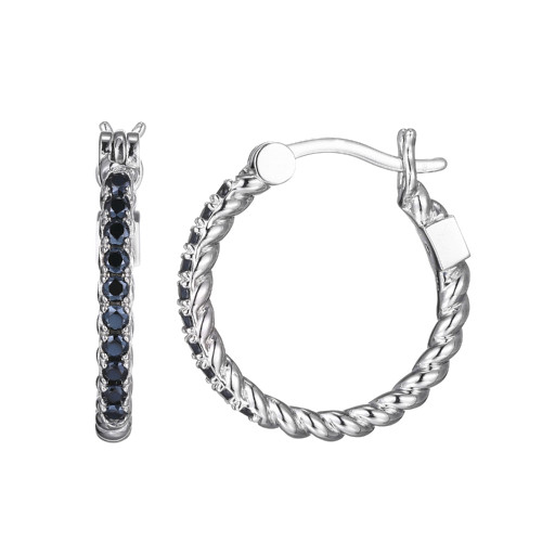 Sterling Silver  Elle "Nautical" Rhodium Plated Rope Finish With Genuine 1.5Mm Round Black Spinel 18Mm Round Hoop