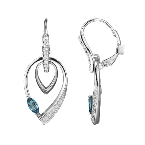 Sterling Silver  Elle "Swing" Rhodium Plated Genuine London Blue Topaz 6X3Mm &Pave Cz Double Pear Shape Dangle Earring