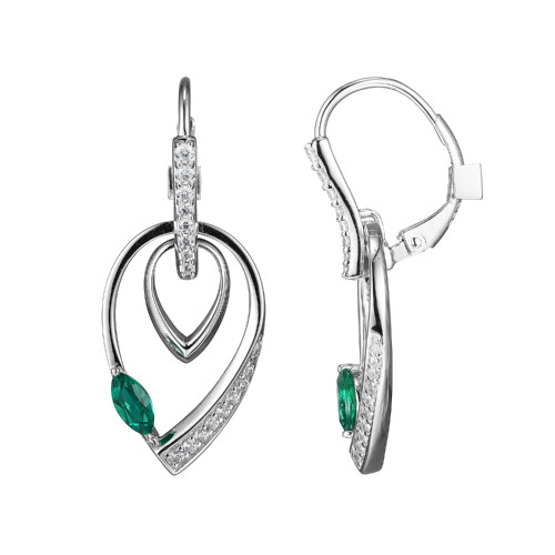Sterling Silver  Elle "Swing" Rhodium Plated Created Emerald 6X3Mm &Pave Cz Double Pear Shape Dangle Earring