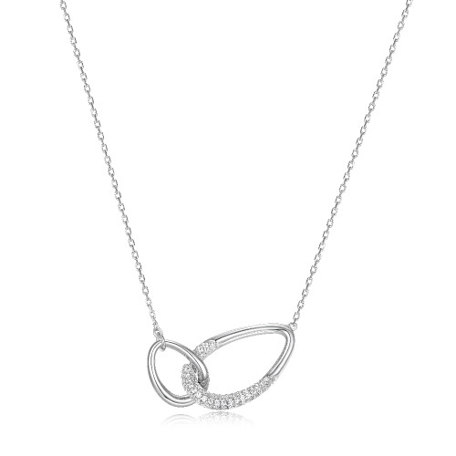 Sterling Silver  Elle "Caramel" Rhodium Plated Interlocking Oval Link (32X16Mm) & Pave Cz Necklace 16"+3" Extension