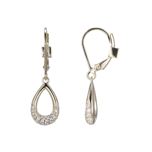 Sterling Silver  Elle "Caramel" 2Tone Rhodium And Gold Plated Pear Shape (14X8.5Mm) & Pave Cz Dangle Earring