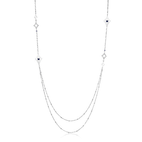 Sterling Silver  Elle"Stellar" Rhodium Plated Double Layer Station Long Necklace With 3.5Mm & 1.5Mm Round  Created Sapphire 32"+ 2" Extension
