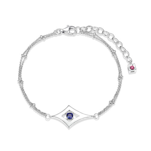 Sterling Silver  Elle "Stellar" Rhodium Plated Diamond Shape With 3.5Mm Round Created Sapphire 2 Strands Bracelet 6.5"+ 1.5" Extension