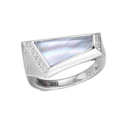 Sterling Silver  Elle"Iceberg" Rhodium Plated Genuine White Mother Of Pearl & Synthetic Blue Topaz Doublet 15X8.4Mm With Cz Ring Size 6