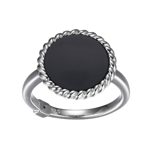 Sterling Silver  Elle "Nautical" Rhodium Plated Genuine 12Mm Round Black Agate With Rope Trim Ring Size 6
