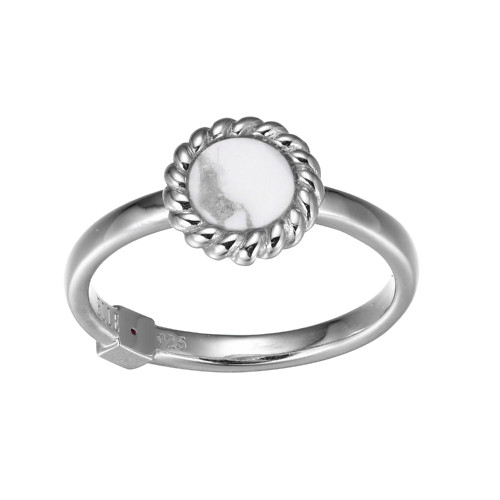 Sterling Silver  Elle "Nautical" Rhodium Plated Genuine 6Mm Round Howlite With Rope Trim Ring Size 6