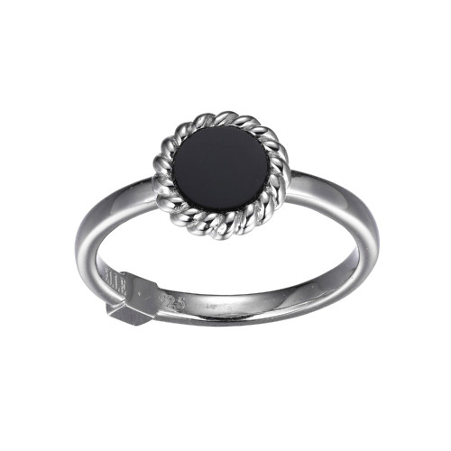Sterling Silver  Elle "Nautical" Rhodium Plated Genuine 6Mm Round Black Agate With Rope Trim Ring Size 6