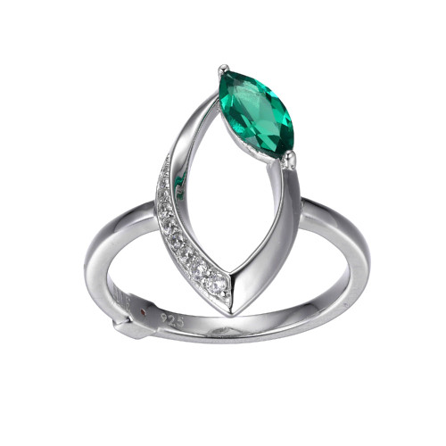 Sterling Silver  Elle "Swing" Rhodium Plated Created Emerald 8X4Mm & Pave Cz Rd Marquise Shape Ring Size 6