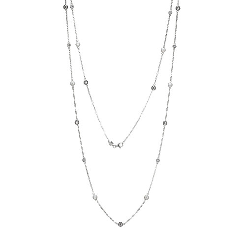 Sterling Silver Genuine White Freshwater Pearl (5Mm), Round Cz (3Mm) And Silver Bead (5Mm) Station Necklace, Measures 36" Long, Rhodium Plated