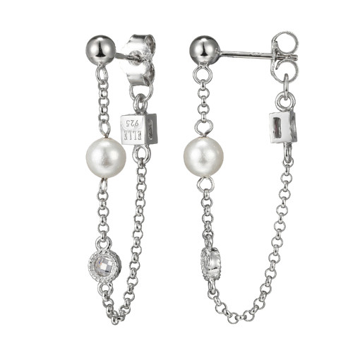 Sterling Silver Genuine White Freshwater Pearl (5Mm), Round Cz (3Mm) And Silver Ball (4Mm) Stud And Chain Earring, Rhodium Plated