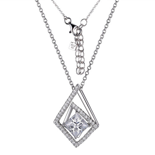 (Xwwelle)Sterling Silver  Rhod Pltd Neck G Black Agate(A) Sb 18X4Mm & 3A Cz Rd 1.55Mm Facted Rolo Chain 26" Ext 2"