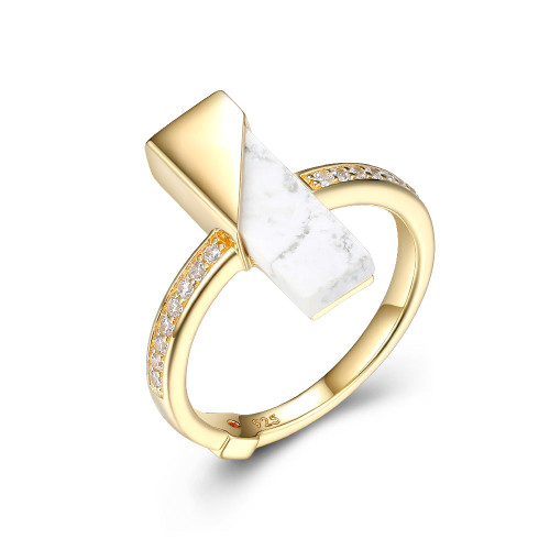 Sterling Silver Ring With Genuine Howlite (16X5X2Mm) And Pave Cz Bar, Size 6, 18K Yellow Gold Plated