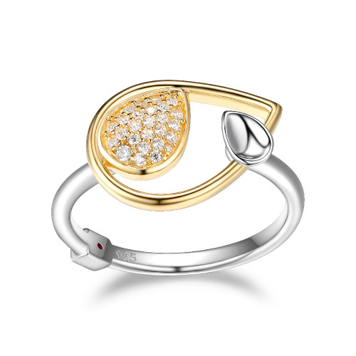 Sterling Silver Ring With Pear Shape (16X11.5Mm) And Pave Cz, Size 6, 2 Tone, Rhodium And 18K Yellow Gold Plated