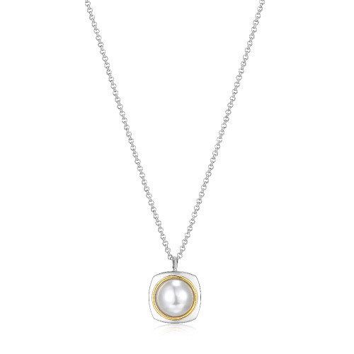 Sterling Silver Necklace Made Of Square Bezel With White Shell Pearl (10Mm), Measures 18" Long, Plus 2" Extender For Adjustable Length, 2 Tone, Rhodium And 18K Yellow Gold Plated