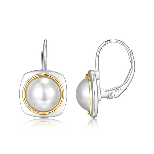 Sterling Silver Earrings Made Of Square Bezel With White Shell Pearl (8Mm), Lever Back, 2 Tone, Rhodium And 18K Yellow Gold Plated