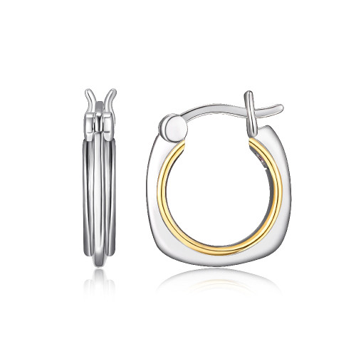 Sterling Silver 14Mm Square Hoop Earrings, Snap Bar, 2 Tone, Rhodium And 18K Yellow Gold Plated