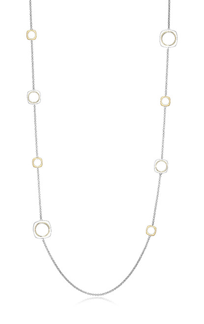 Sterling Silver Long Necklace With Open Square Stations, 36" Long, 2 Tone, Rhodium And 18K Yellow Gold Plated