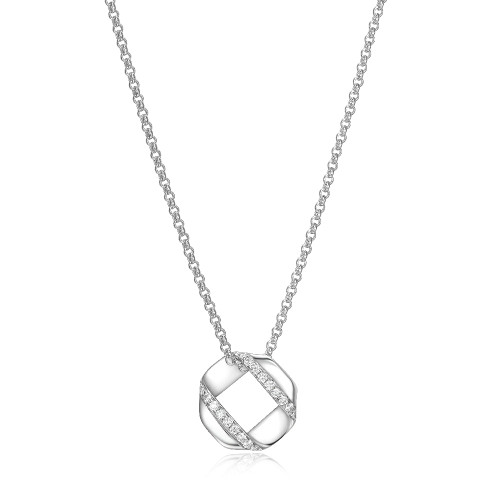 Sterling Silver Necklace With Hexagon (13Mm) And Pave Cz, Measures 16" Long, Plus 3" Extender For Adjustable Length, Rhodium Plated