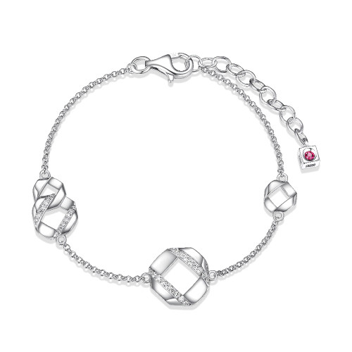 Sterling Silver Bracelet With Hexagon (13 & 7Mm) And Pave Cz Stations, Measures 6.5" Long, Plus 1.5" Extender For Adjustable Length, Rhodium Plated