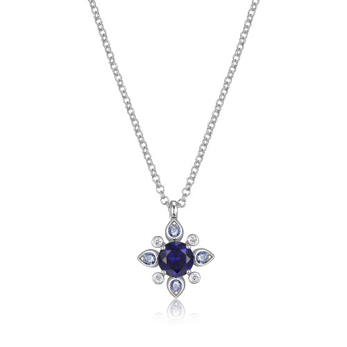 Sterling Silver Necklace With Lab Created Sapphire (Round Shape 6 & 2.25Mm) And Lab Grown Diamond (Total Weight 4Pt, F/C, H-I/I1), Measures 18" Long, Plus 2" Extender For Adjustable Length, Rhodium Plated