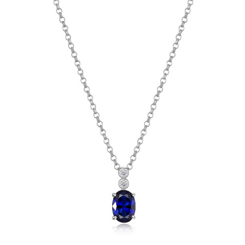 Sterling Silver Necklace With Lab Created Sapphire (Oval Shape 7X5Mm) And Lab Grown Diamond (Total Weight 2Pt, F/C, H-I/I1), Measures 18" Long, Plus 2" Extender For Adjustable Length, Rhodium Plated