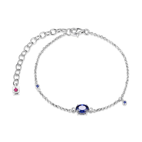 Sterling Silver Bracelet With Lab Created Sapphire (Oval Shape 7X5Mm) And Lab Grown Diamond (Total Weight 3Pt, F/C, H-I/I1), Measures 6.5" Long, Plus 2" Extender For Adjustable Length, Rhodium Plated