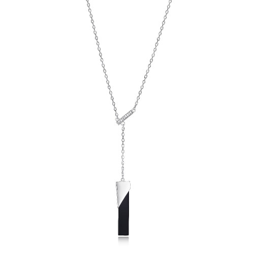 Sterling Silver Necklace With Genuine Black Agate  (26X6X2Mm) And Cz Lariat, Measures 17" Long, Plus 3" Extender For Adjustable Length, Rhodium Plated