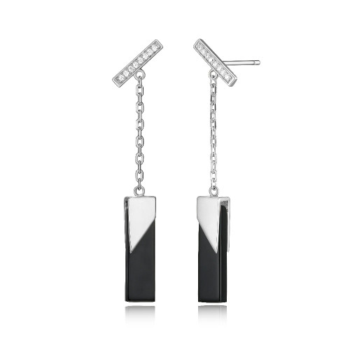 Sterling Silver Bar Drop Earrings With Genuine Black Agate (16X5X2Mm), Post Back, Rhodium Plated