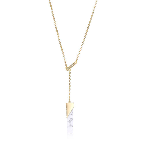 Sterling Silver Necklace With Genuine Howlite  (26X6X2Mm) And Cz Lariat, Measures 17" Long, Plus 3" Extender For Adjustable Length, 18K Yellow Gold Plated