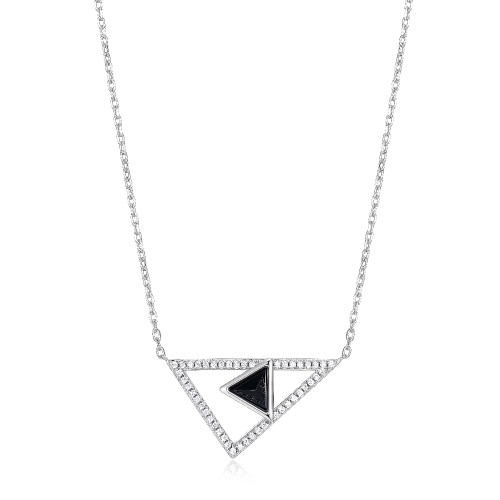 Sterling Silver Necklace With Genuine Black Agate  (6X3Mm) And Pave Cz Triangle, Measures 17" Long, Plus 3" Extender For Adjustable Length, Rhodium Plated