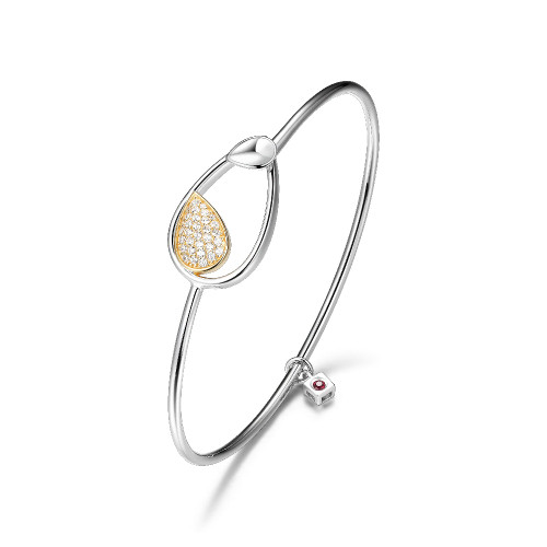 Sterling Silver Bangle With Pear Shape (21X15Mm) And Pave Cz, Circumference 6.75", 2 Tone, Rhodium And 18K Yellow Gold Plated