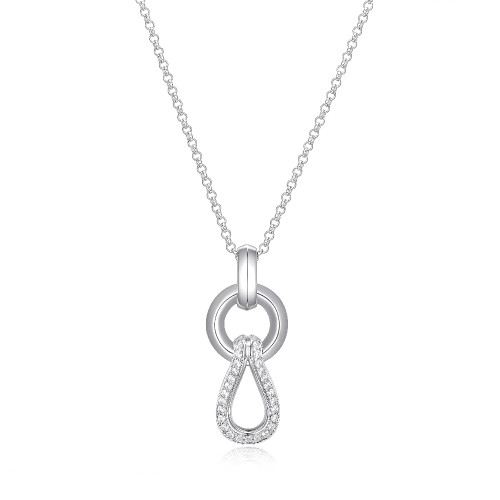Sterling Silver Necklace With Circle And Pear Shape Pave Cz Link, Measures 18" Long, Plus 2" Extender For Adjustable Length, Rhodium Plated