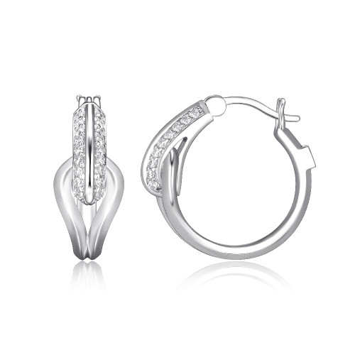 Sterling Silver 21Mm Hoop Earrings With Pave Cz, Snap Bar, Rhodium Plated